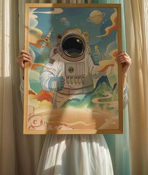 Colorful illustration of an astronaut in space with planets and rocket
