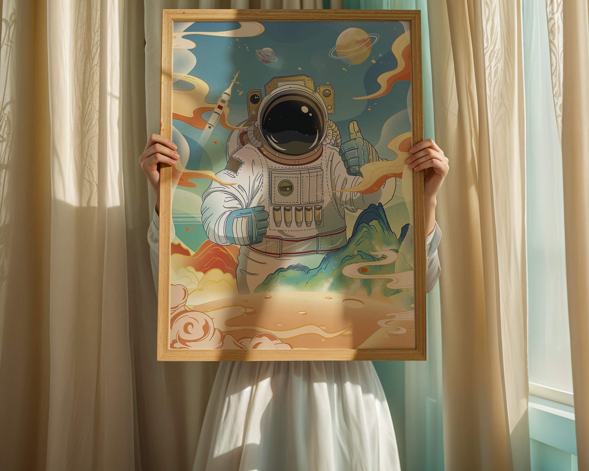 Colorful illustration of an astronaut in space with planets and rocket