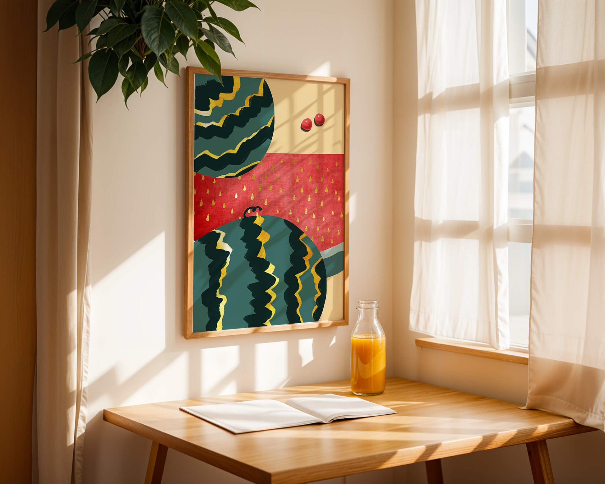 Arte abstracto vibrante de sandía con reflejos dorados