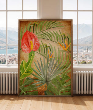 Colorful botanical illustration with tropical leaves on textured background