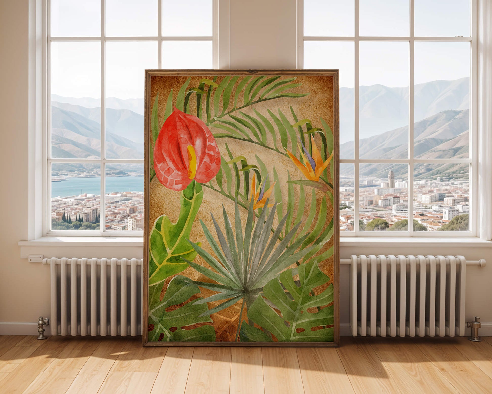 Colorful botanical illustration with tropical leaves on textured background