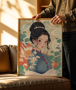 Una mujer elegante con vestido tradicional oriental con patrones florales y flores de loto