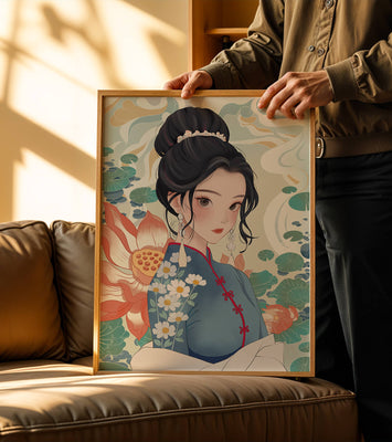 An Elegant Woman in Traditional Oriental Dress with Floral Patterns and Lotus Flowers
