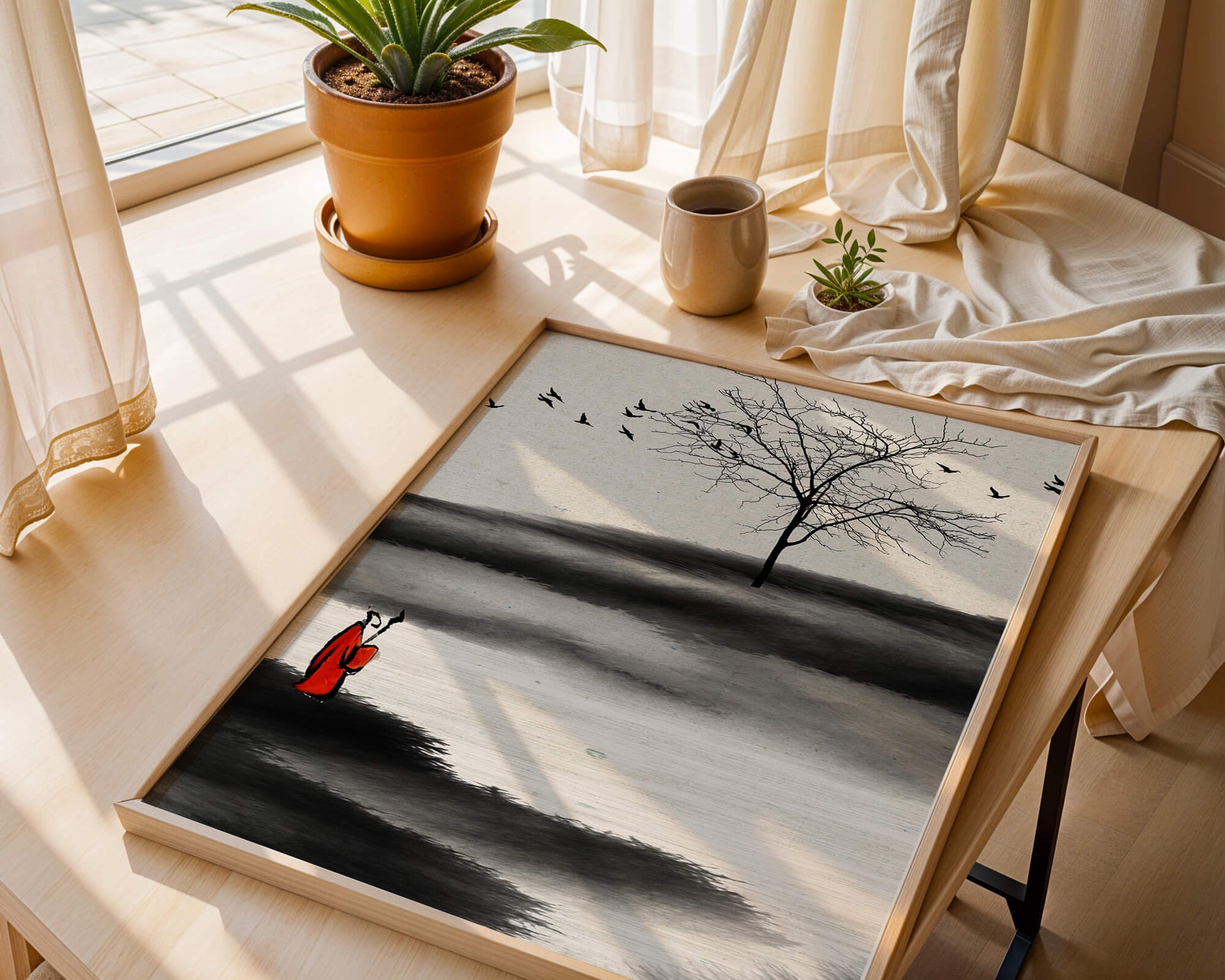 Contemplative Monk with Birds and Bare Tree in Serene Landscape