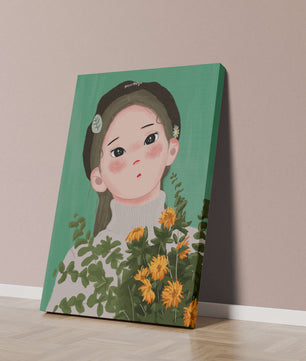 Illustration of a girl with flowers and a beret on a green background