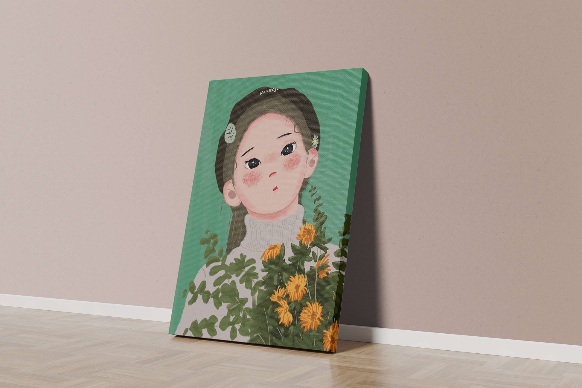 Illustration of a girl with flowers and a beret on a green background