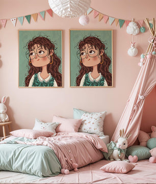 Illustration of a Thoughtful Girl with Glasses and Curly Hair