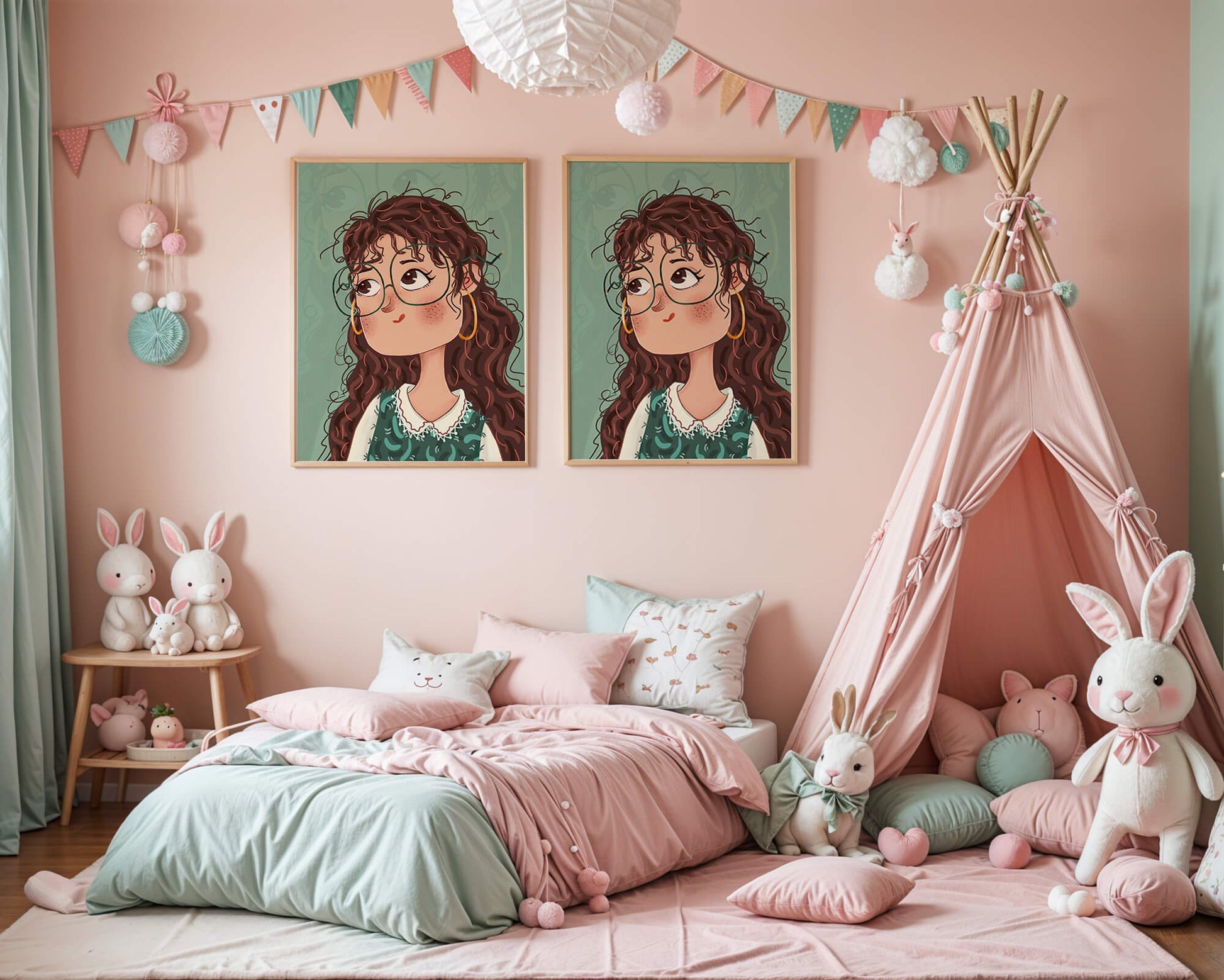 Ilustración de una chica pensativa con gafas y pelo rizado