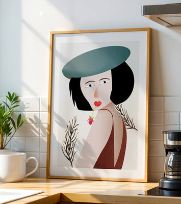 Woman with Blue Hat and Flower in Modern Art Style