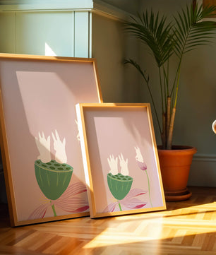 Whimsical Rabbits on Lotus with Pink Background