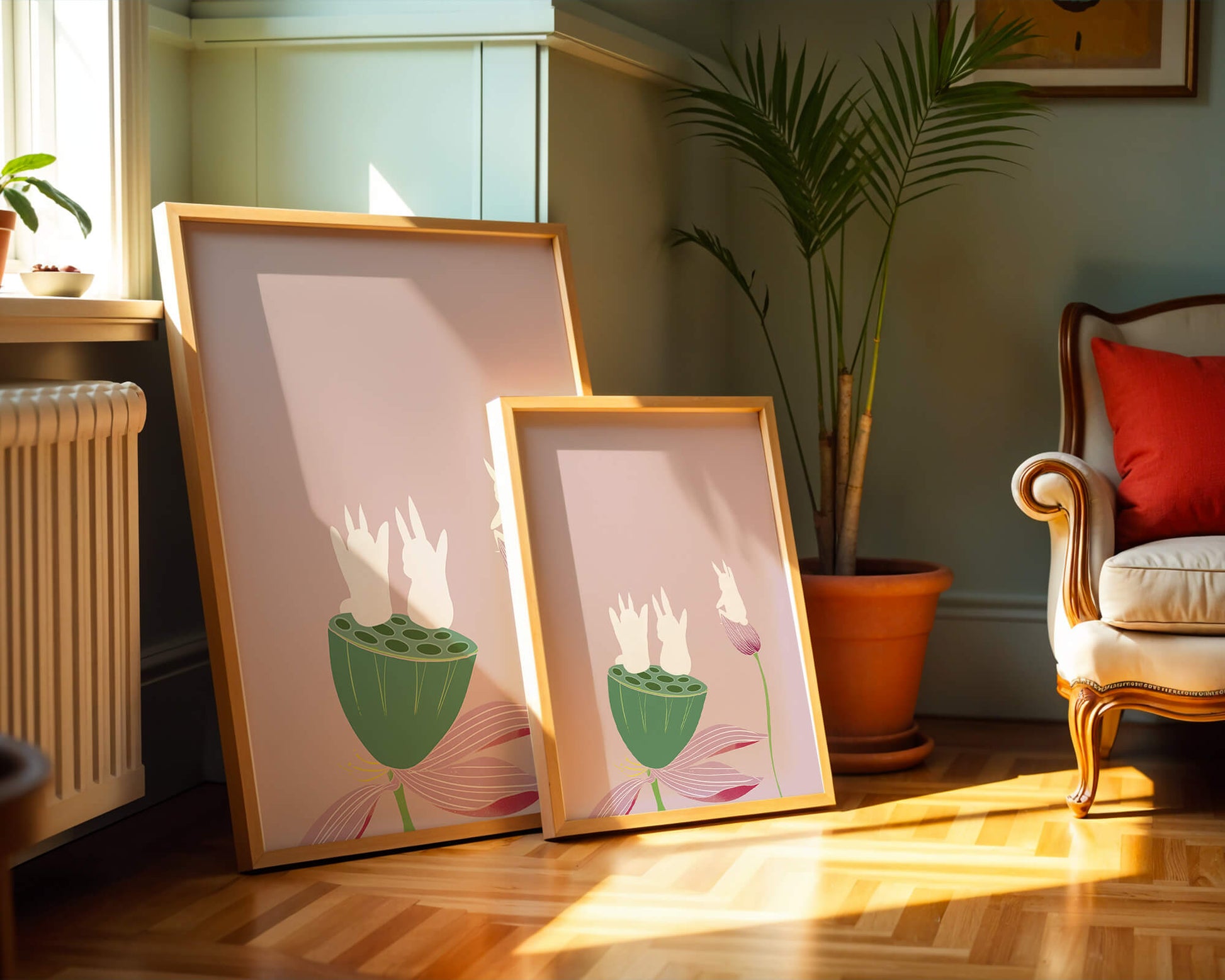 Whimsical Rabbits on Lotus with Pink Background