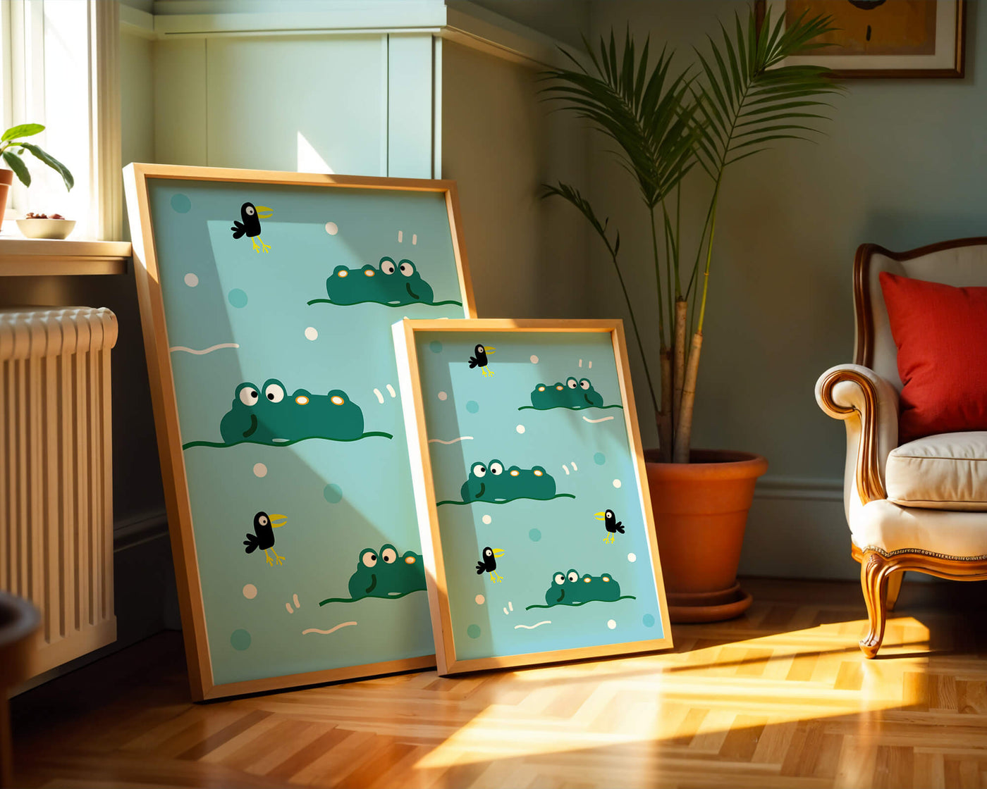 Playful cartoon crocodiles and birds on blue patterned background