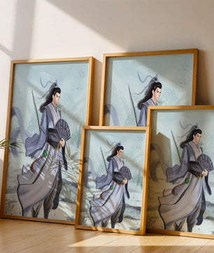 Guerrier élégant en tenue traditionnelle avec robes flottantes et éventail