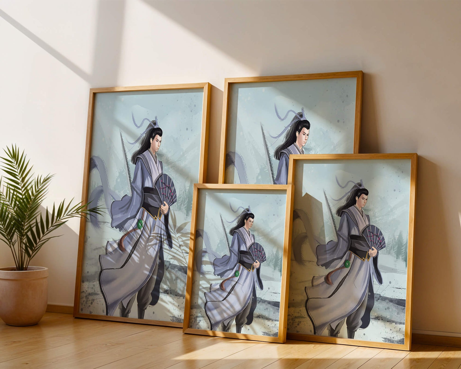 Elegant warrior in traditional attire with flowing robes and fan