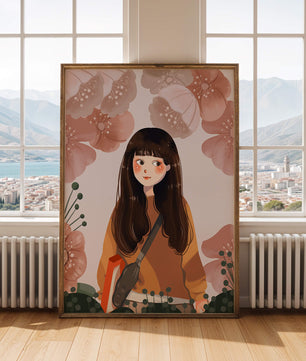 Ilustración de una niña con flores en tonos pasteles suaves