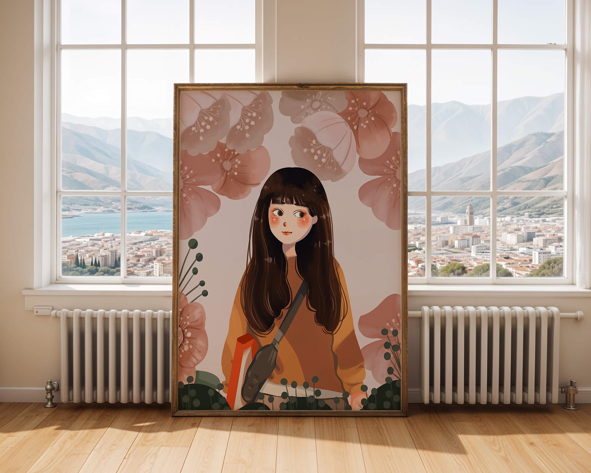 Illustration of girl with flowers in soft pastel hues