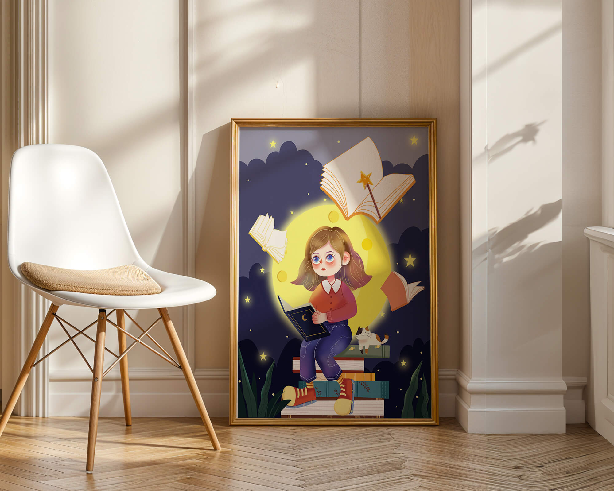 Illustration of a girl reading books under a starry night sky