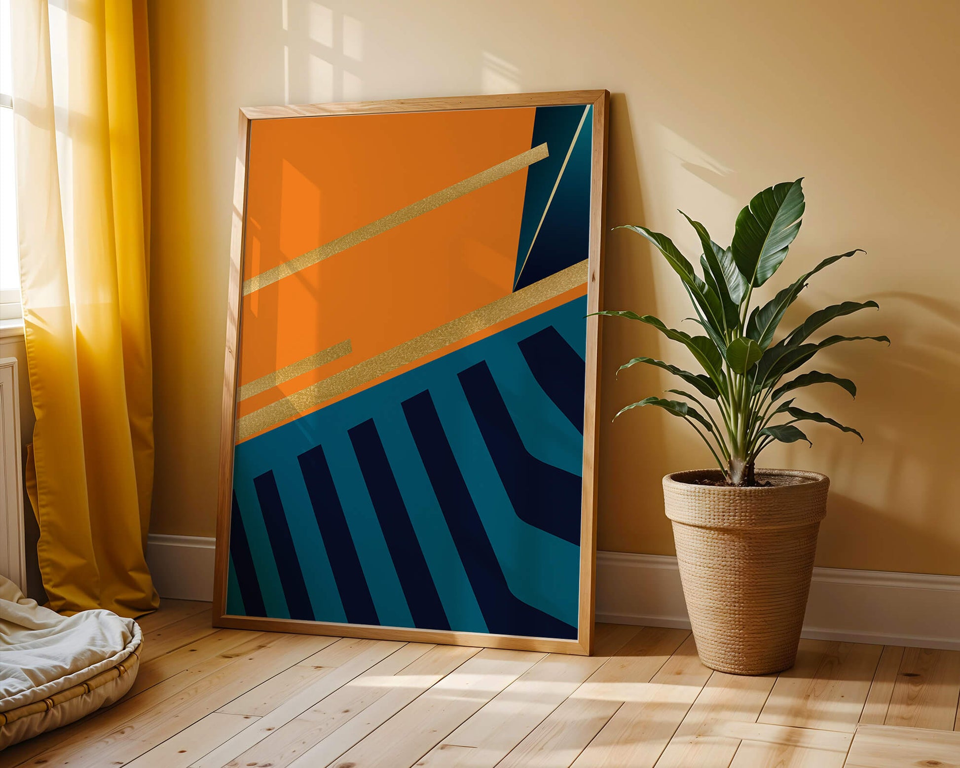 Moderne geometrische Abstraktion mit goldenen Elementen und kräftigen Farben 
