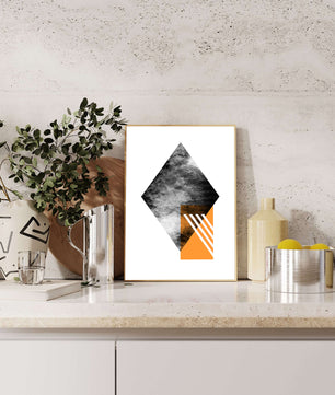 Abstract Geometric Composition with Orange Triangle and Cloudy Pattern - Mi tienda