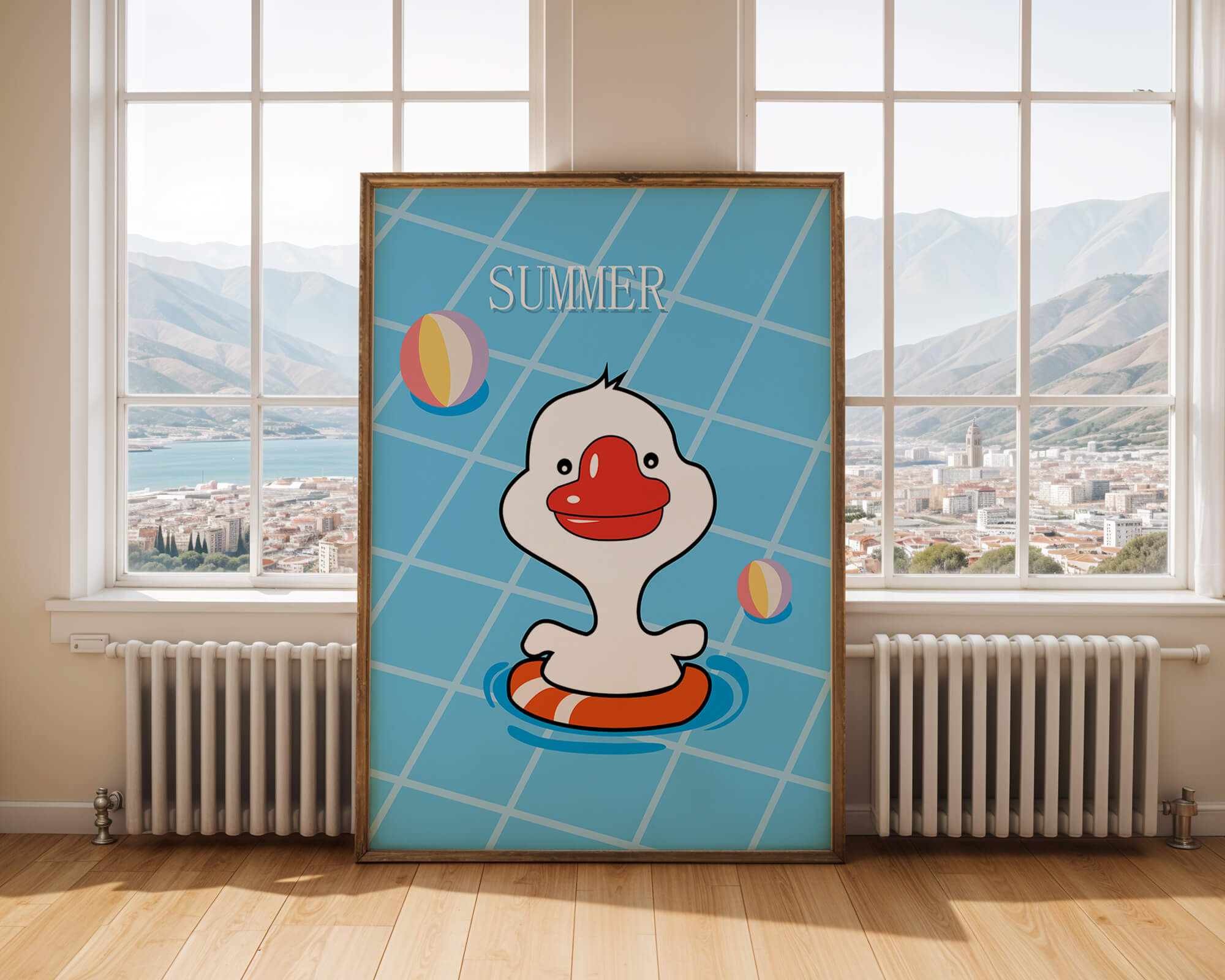 Cartoon duck swimming in a pool with summer beach elements