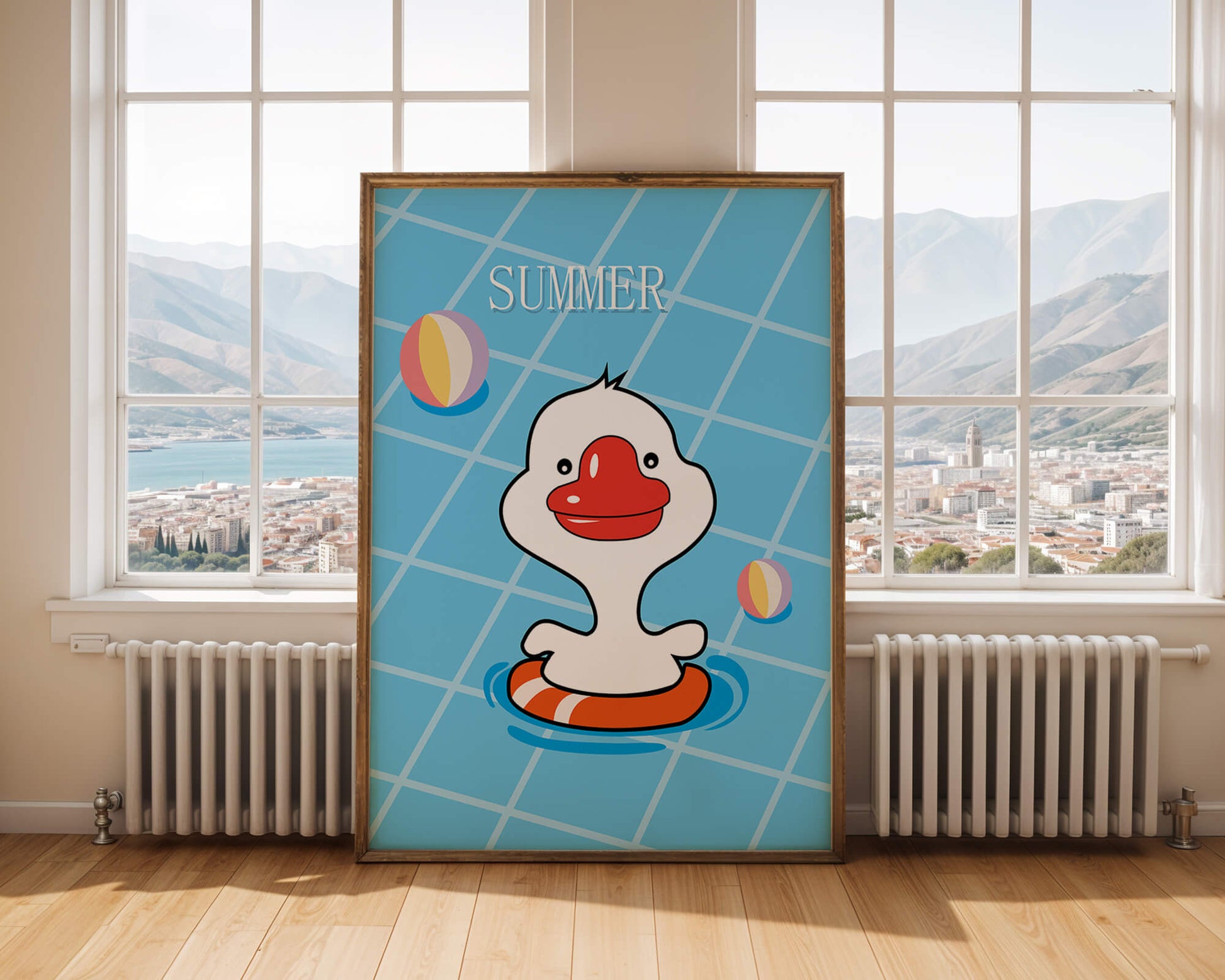Cartoon duck swimming in a pool with summer beach elements
