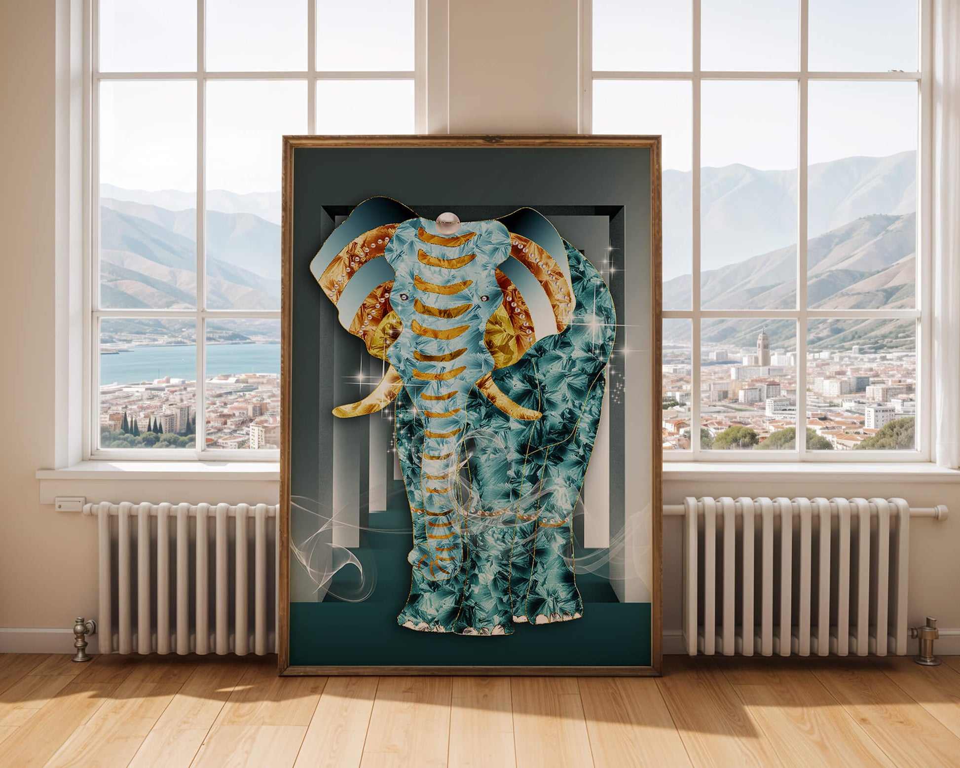 Elephant with Gold and Blue Textures in Surreal Geometric Background
