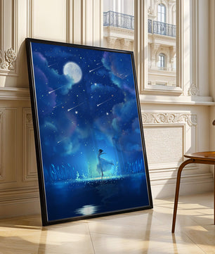 Cielo nocturno soñador con figura danzante y luz de luna brillante