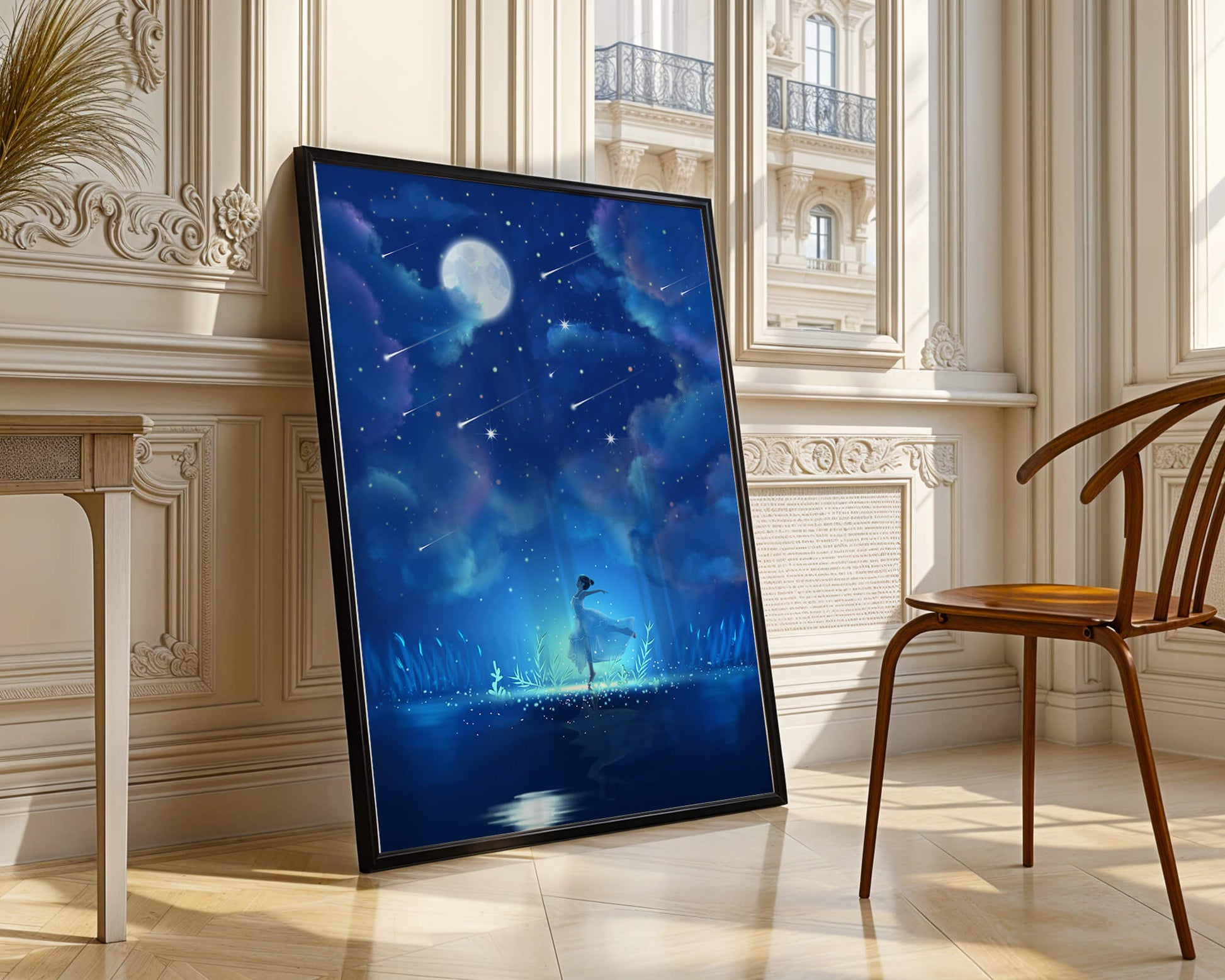 Cielo nocturno soñador con figura danzante y luz de luna brillante