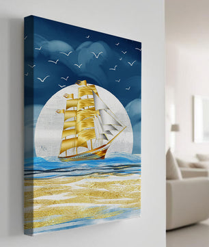 Navire à voile doré sur la mer avec des mouettes et un horizon bleu