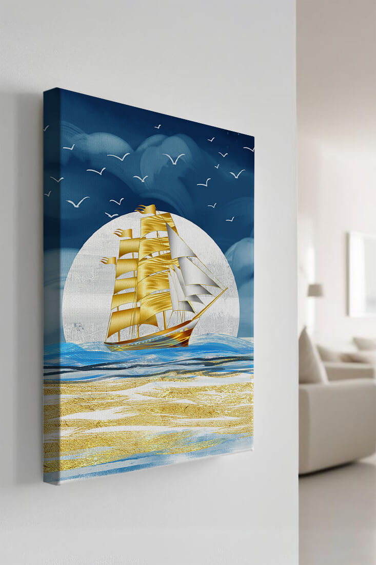 Golden Sailing Ship on the Sea with Seagulls and Blue Horizon