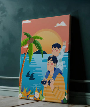 Un père et son fils profitent d’un coucher de soleil tropical avec des palmiers et des bateaux.