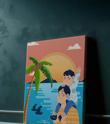 Father and son enjoying a tropical sunset with palm trees and boats