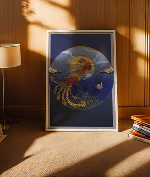 Phénix doré aux plumes éclatantes dans un décor marin mystique
