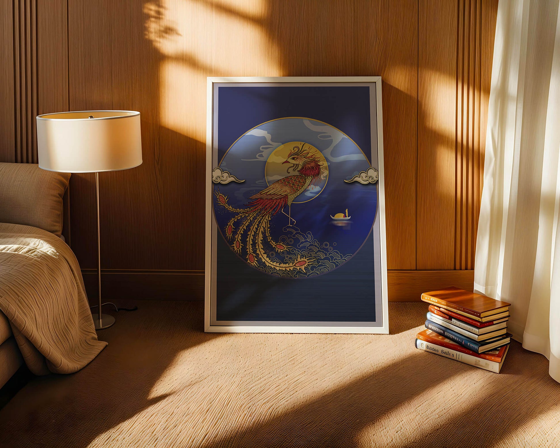 Golden Phoenix with Vibrant Feathers in Mystical Sea Setting