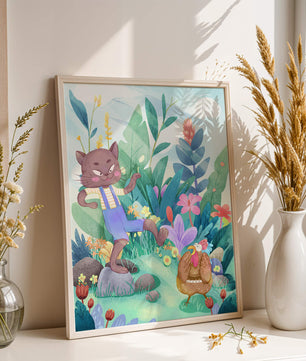Playful Cat and Chicken in Vibrant Forest Scene Illustration