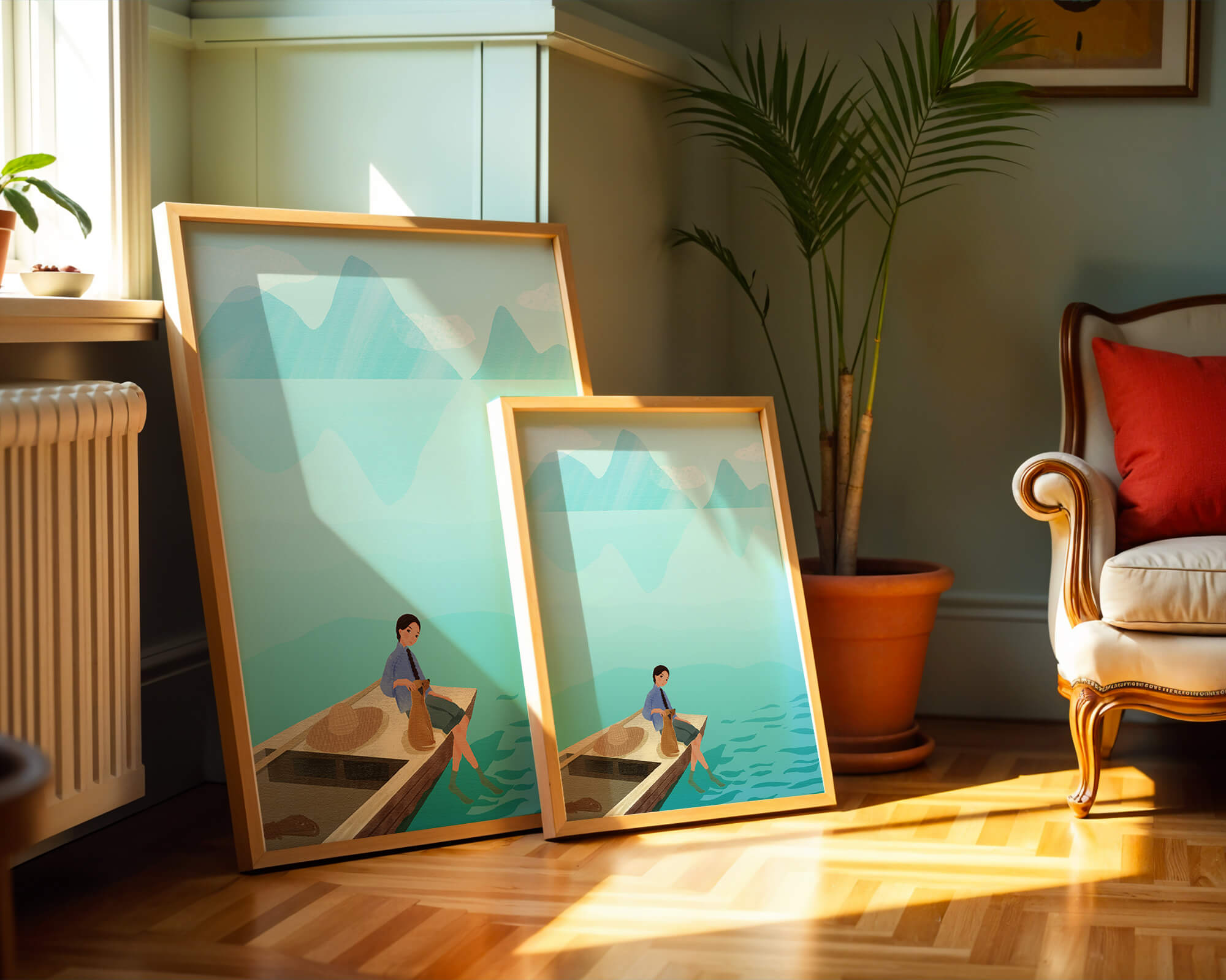 Serene scene with woman and dog on a boat by tranquil waters