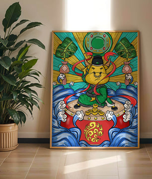 Colorful illustration of a mythical creature with traditional elements and vibrant colors