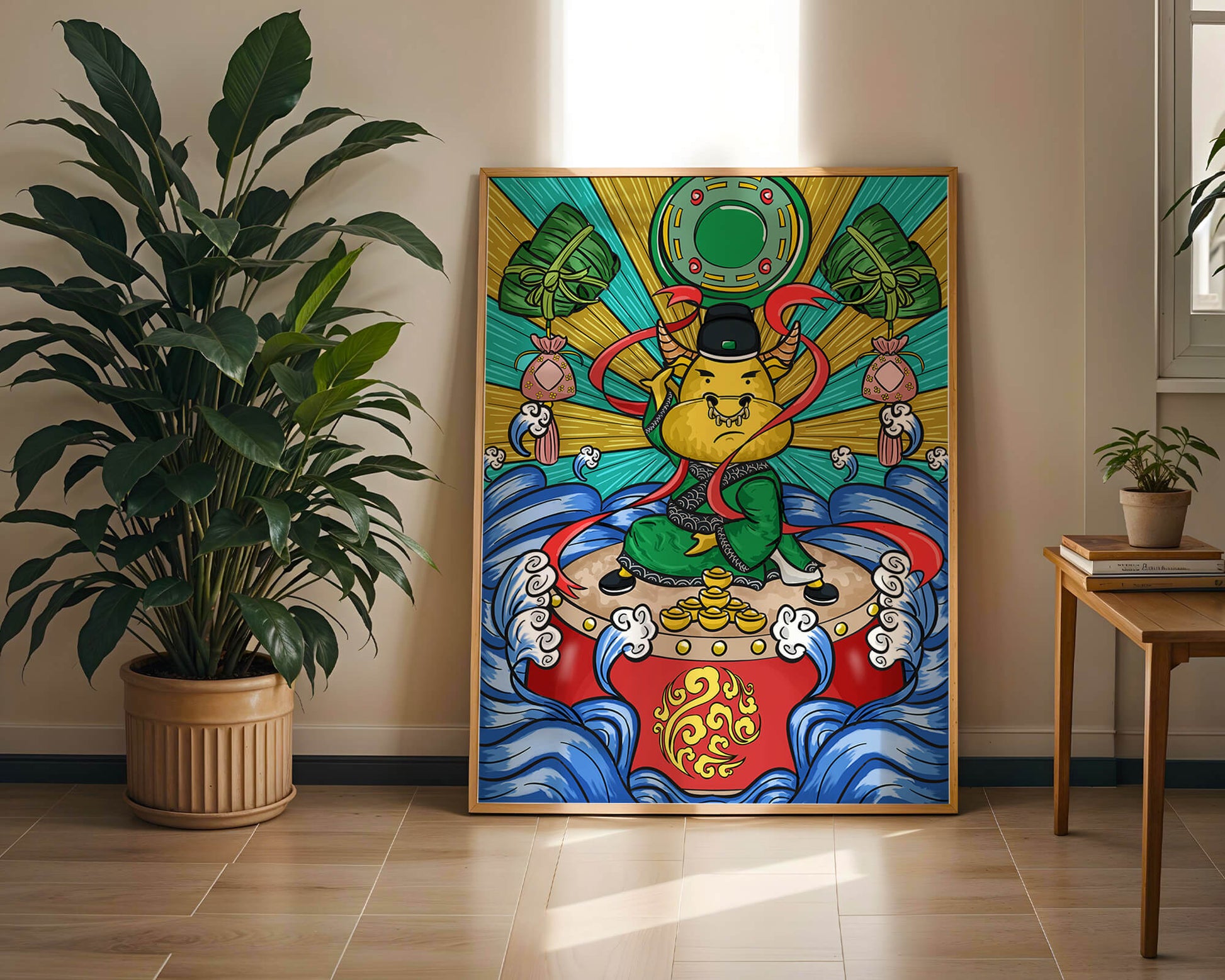 Colorful illustration of a mythical creature with traditional elements and vibrant colors