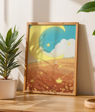 Paisaje nocturno onírico con luna y estrellas en un campo