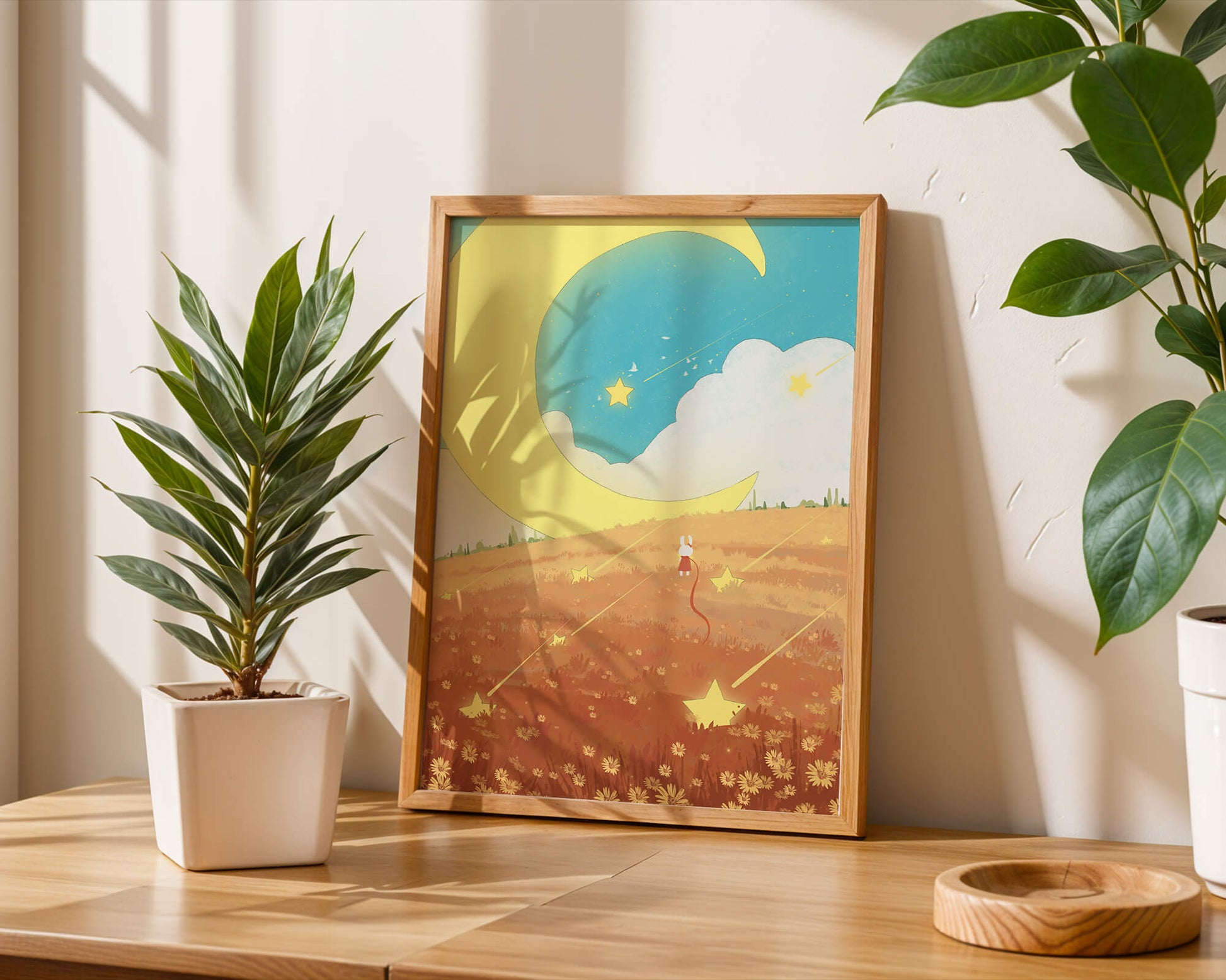 Dreamy Nighttime Landscape with Moon and Stars in a Field