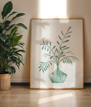 Illustration minimaliste à l’aquarelle de feuilles vertes dans un vase en verre