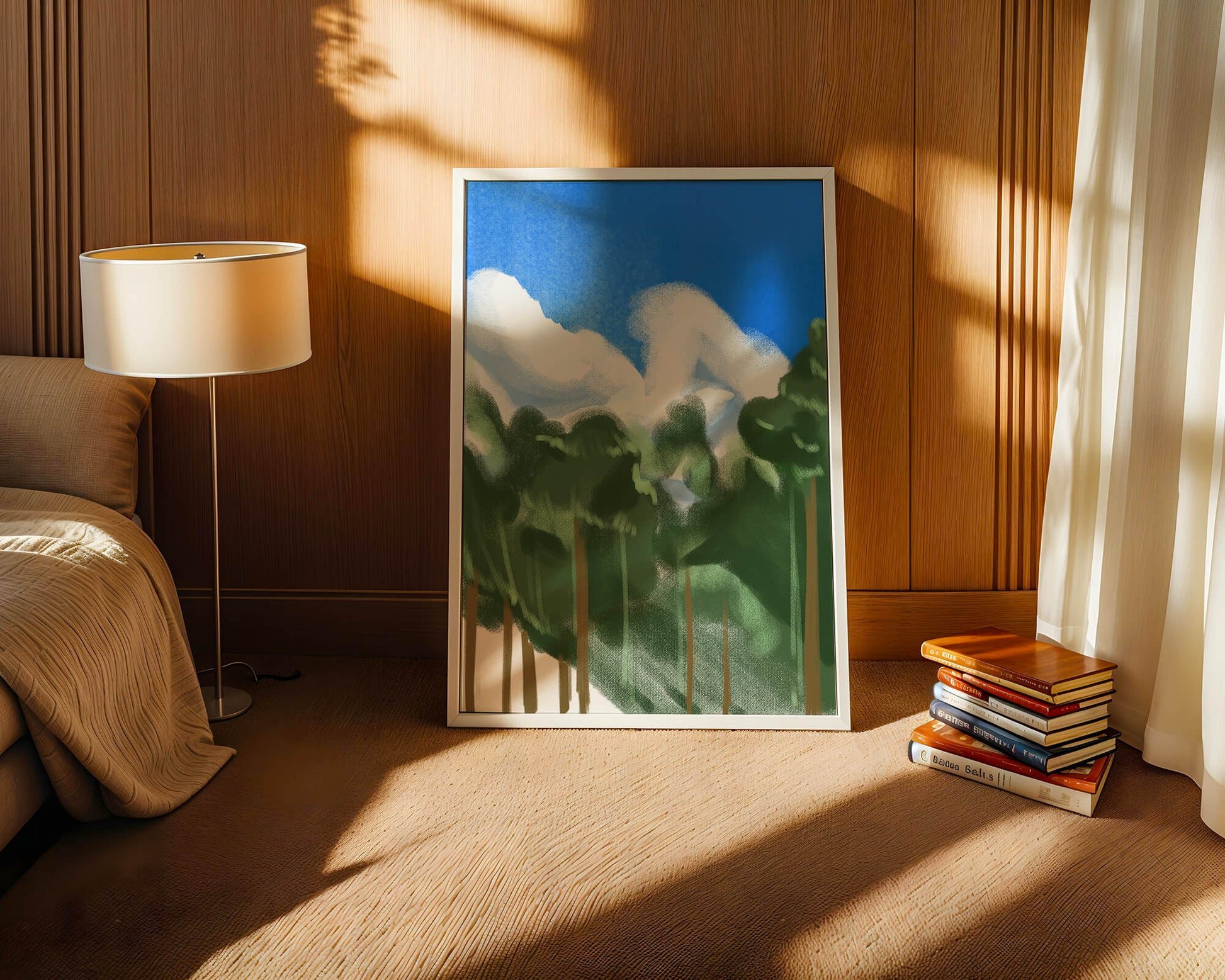Malerische Waldlandschaft mit blauem Himmel und flauschigen Wolken