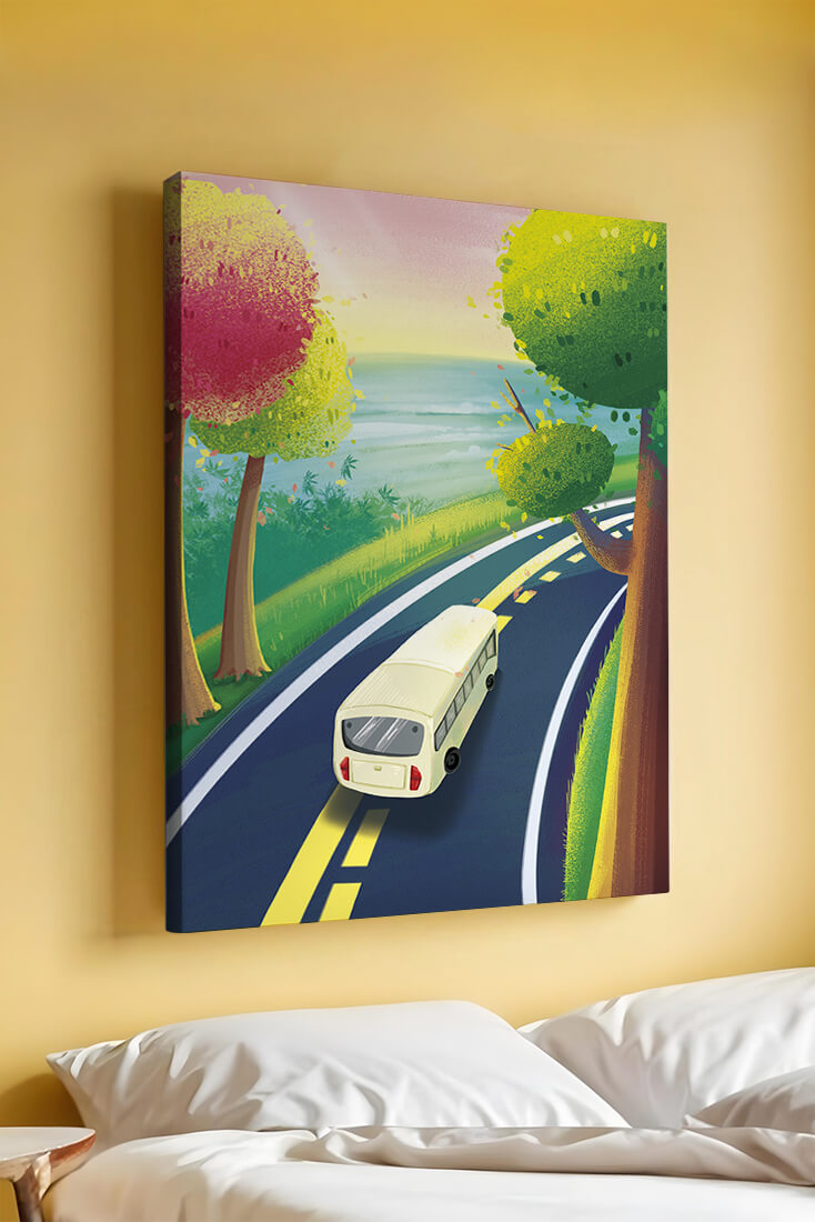 Scenic Road Trip with Vibrant Trees and Sunset