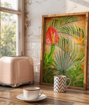 Colorful botanical illustration with tropical leaves on textured background