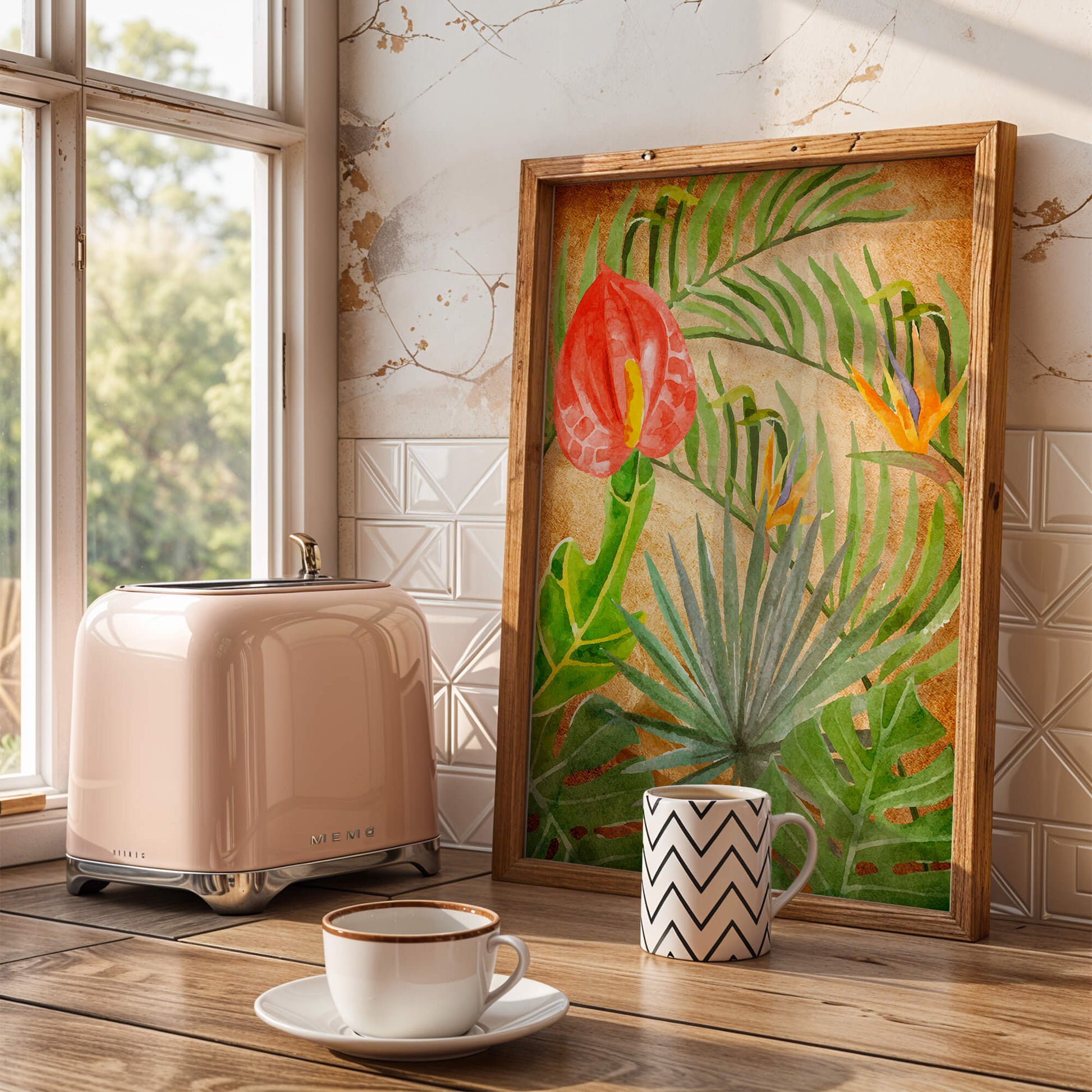 Colorful botanical illustration with tropical leaves on textured background