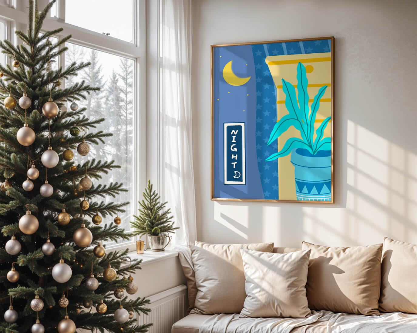 Nighttime plant illustration with crescent moon and starry background