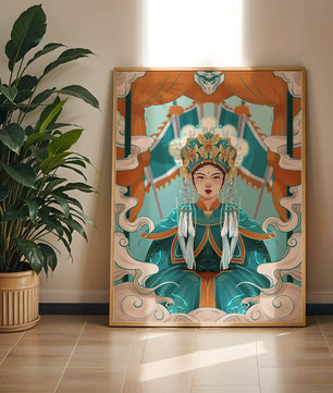 Illustration élégante d'une princesse orientale avec une tenue royale et des éléments mythiques