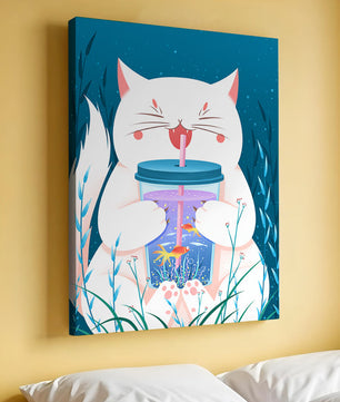 Playful cat with a fish tank tumbler in the underwater scene illustration