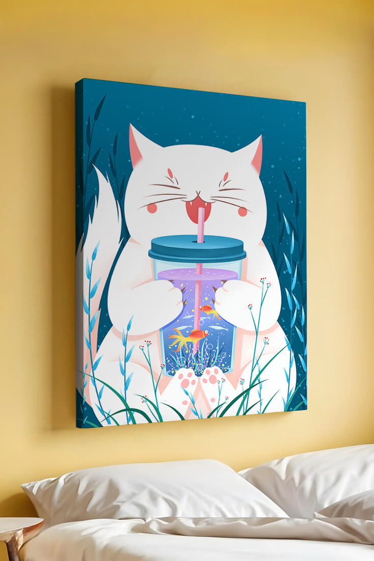 Playful cat with a fish tank tumbler in the underwater scene illustration