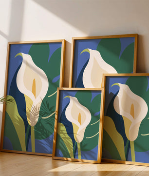 Ilustración floral abstracta con fondo verde y azul